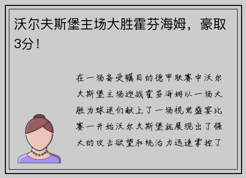 沃尔夫斯堡主场大胜霍芬海姆，豪取3分！