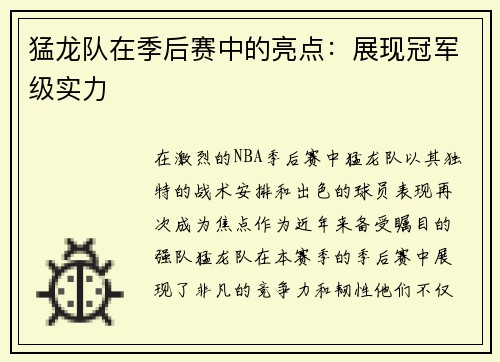 猛龙队在季后赛中的亮点：展现冠军级实力