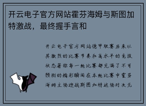 开云电子官方网站霍芬海姆与斯图加特激战，最终握手言和